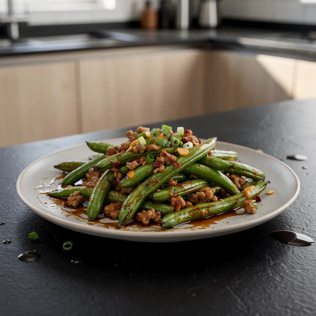 Smażone zielone fasolki z mieloną wieprzowiną po syczuańsku