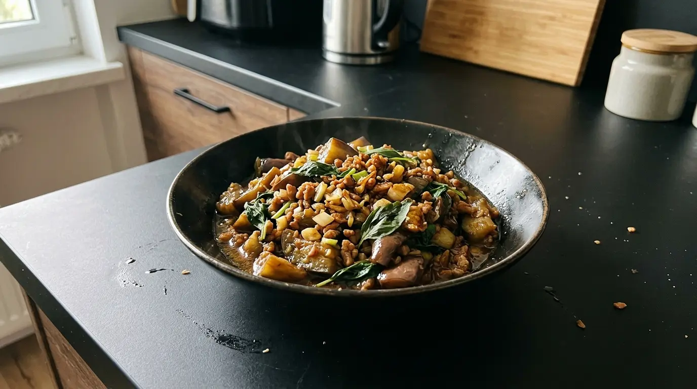 Gebratene Aubergine mit Hackfleisch und Basilikum nach chinesischer Art