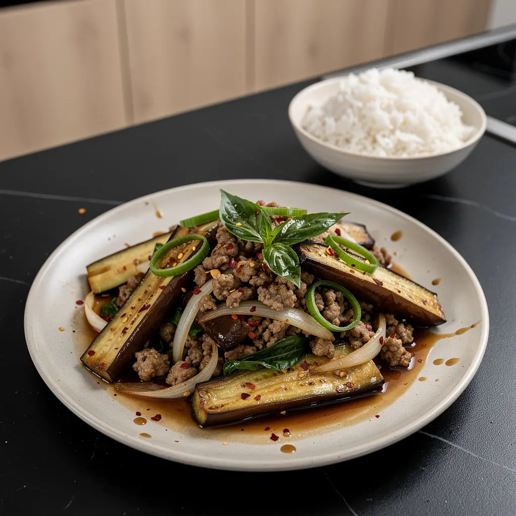 Smażony bakłażan z mielonym mięsem i bazylią po chińsku