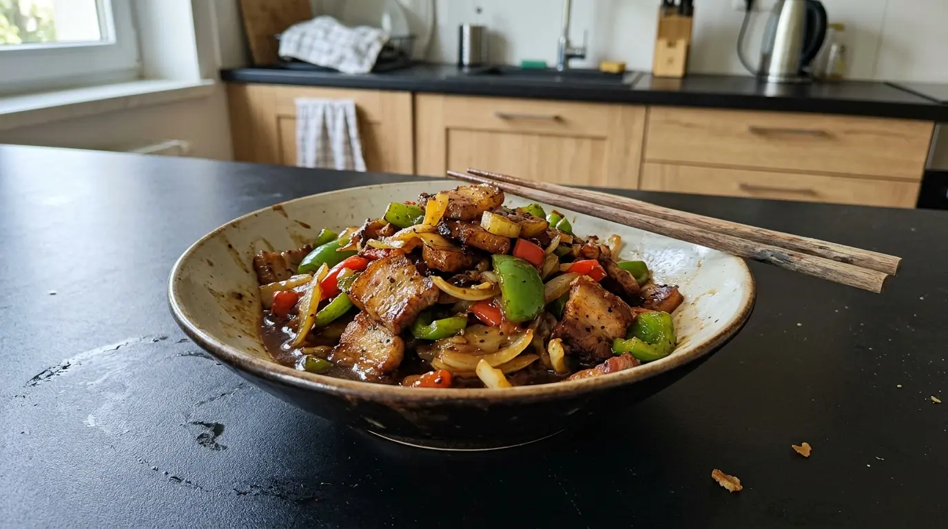 Poitrine de porc sautée à la cantonaise avec poivron et oignon