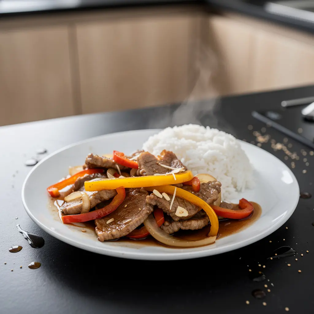 Smażony boczek po kantońsku z papryką i cebulą