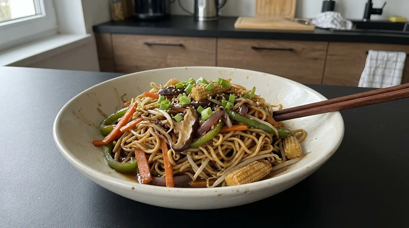 Smażony makaron jajeczny chow mein z warzywami