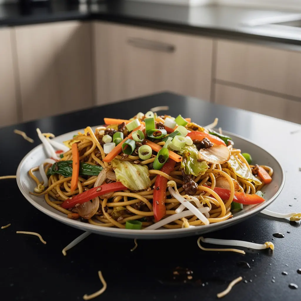 Smażony makaron jajeczny chow mein z warzywami