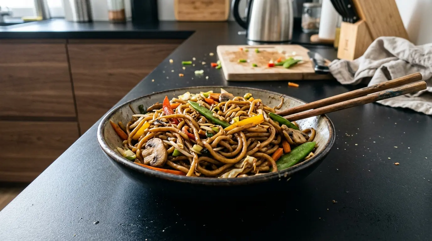 Smażony makaron pszenny lo mein z warzywami