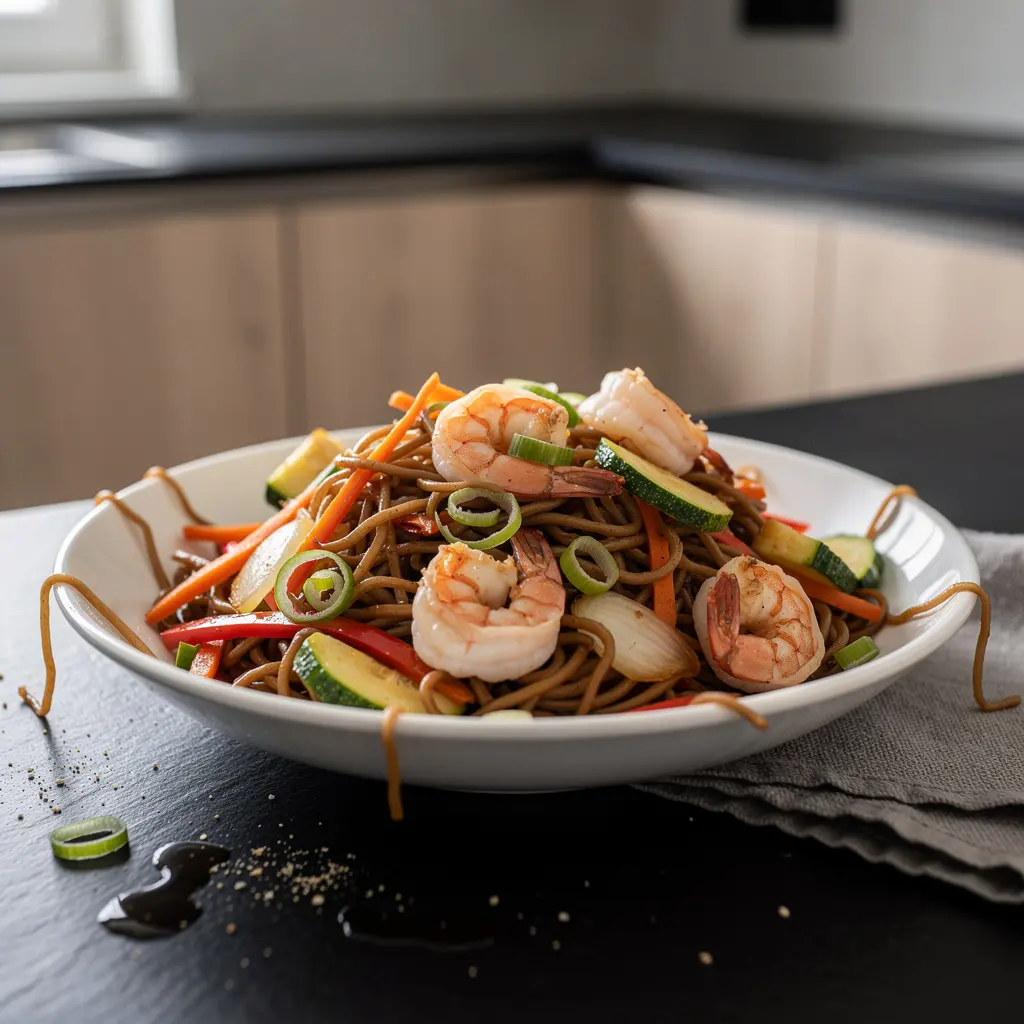 Smażony makaron pszenny z krewetkami po kantońsku