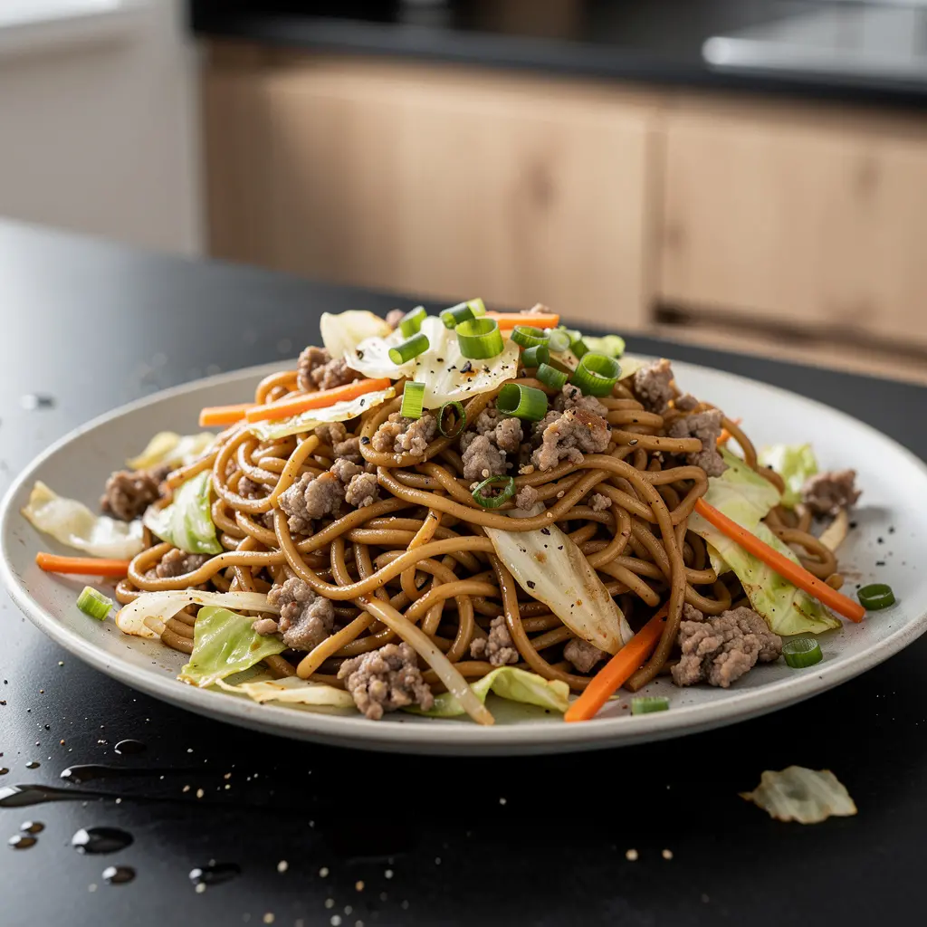 Smażony makaron pszenny z wieprzowiną i kapustą po domowemu