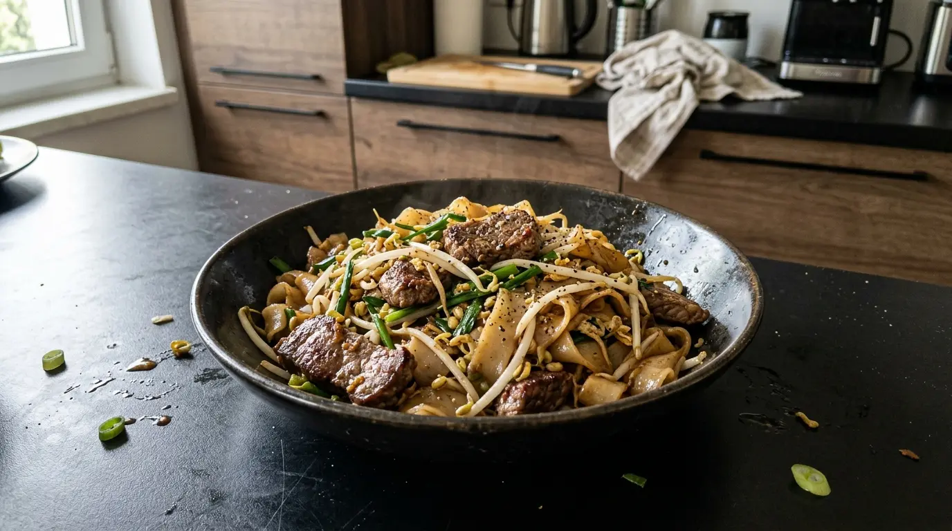 Noodles di riso larghi chow fun con manzo e germogli saltati