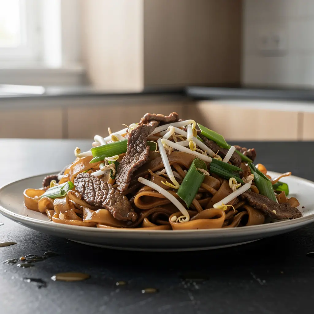 Smażony makaron ryżowy chow fun z wołowiną i kiełkami