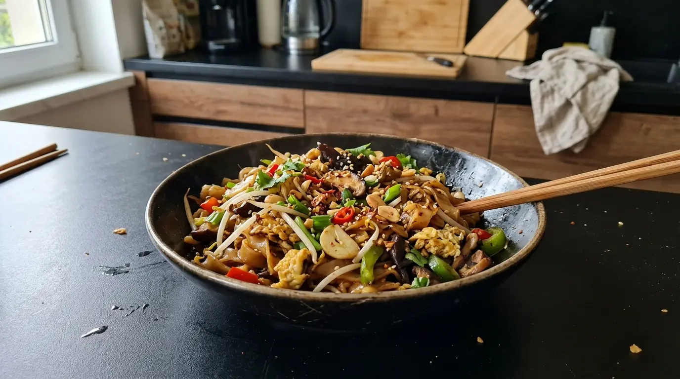 Fideos de arroz salteados con huevo y setas al estilo chino
