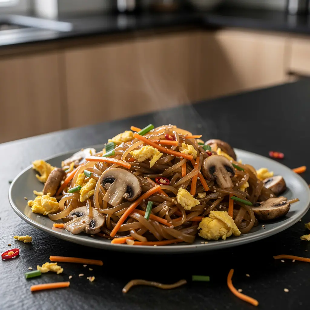Smażony makaron ryżowy z jajkiem i grzybami po chińsku