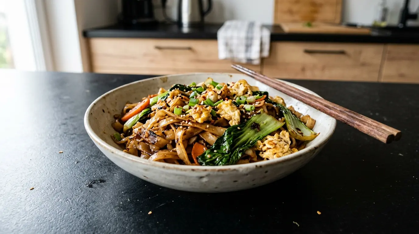 Nouilles de riz sautées aux œufs et au pak choi