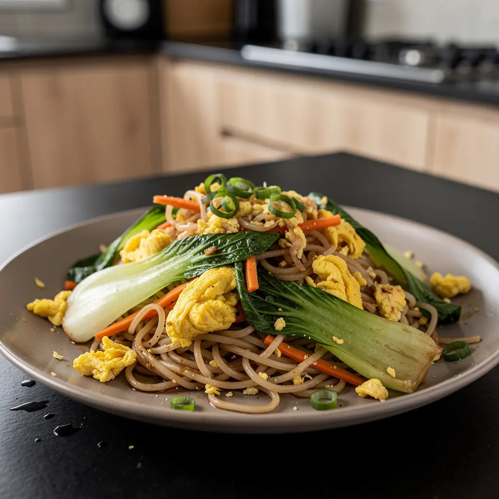 Smażony makaron ryżowy z jajkiem i kapustą pak choi