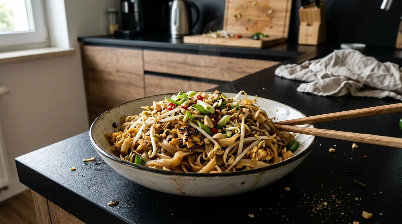 Fideos de arroz salteados con huevo y brotes de judía mung