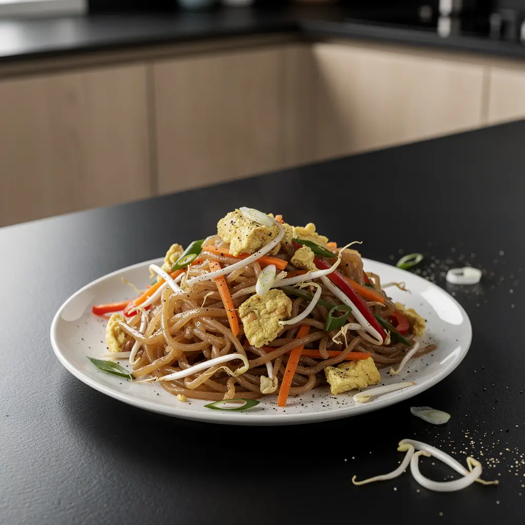 Smażony makaron ryżowy z jajkiem i kiełkami fasoli mung