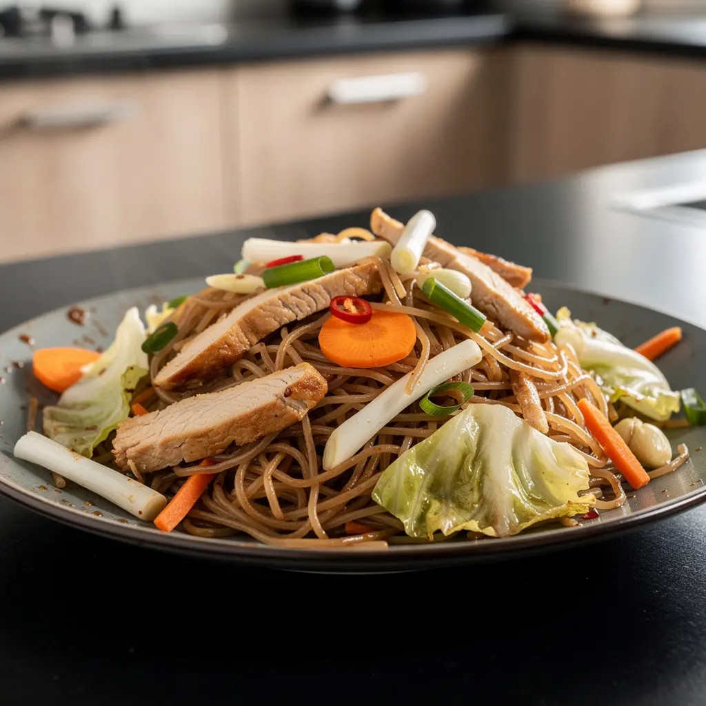 Smażony makaron ryżowy z kurczakiem i kapustą pekińską