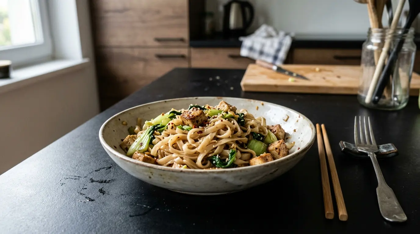 Smażony makaron ryżowy z tofu i kapustą bok choy