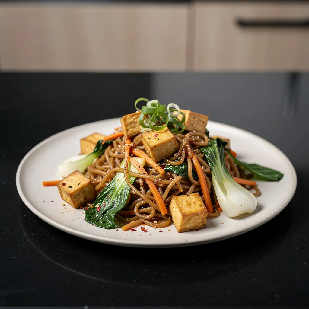 Smażony makaron ryżowy z tofu i kapustą bok choy