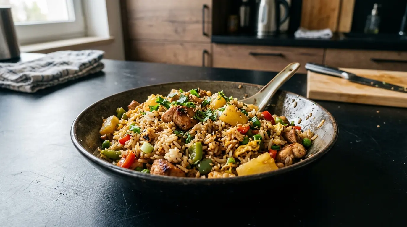 Gebratener Jasminreis mit Hähnchen und Ananas nach chinesischer Art