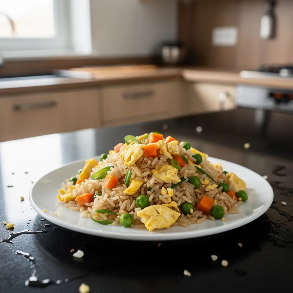 Smażony ryż z jajkiem i zielonym groszkiem po domowemu