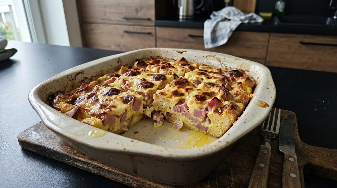 Teglia di pane con uovo e prosciutto per colazione