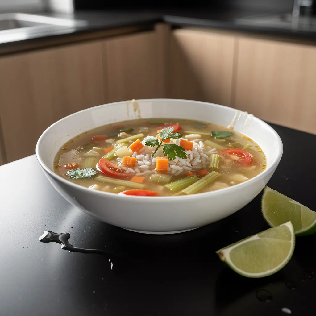 Sopa de arroz z warzywami i limonką