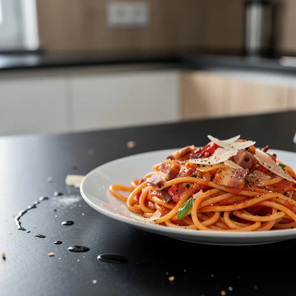Spaghetti alla Amatriciana z boczkiem i pomidorami