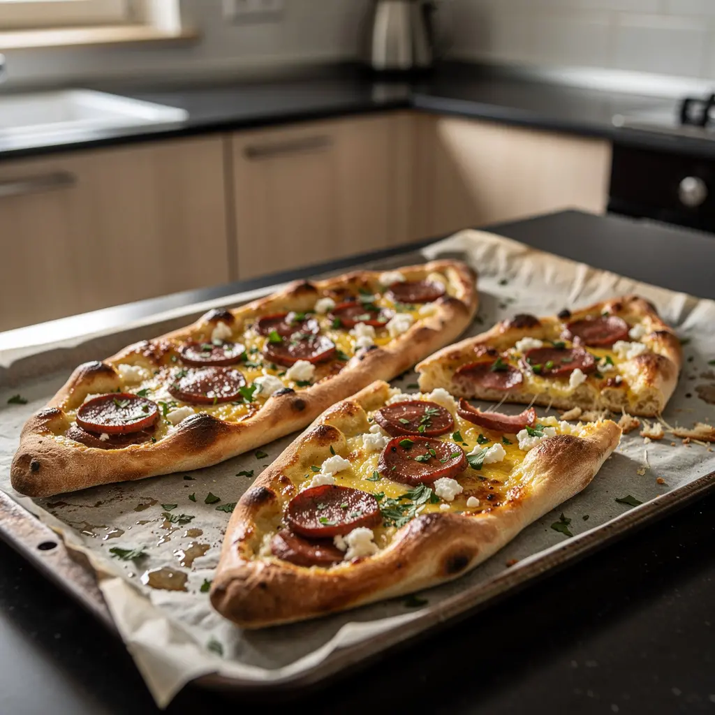 Sucuklu pide – turecka łódeczka chlebowa z kiełbasą