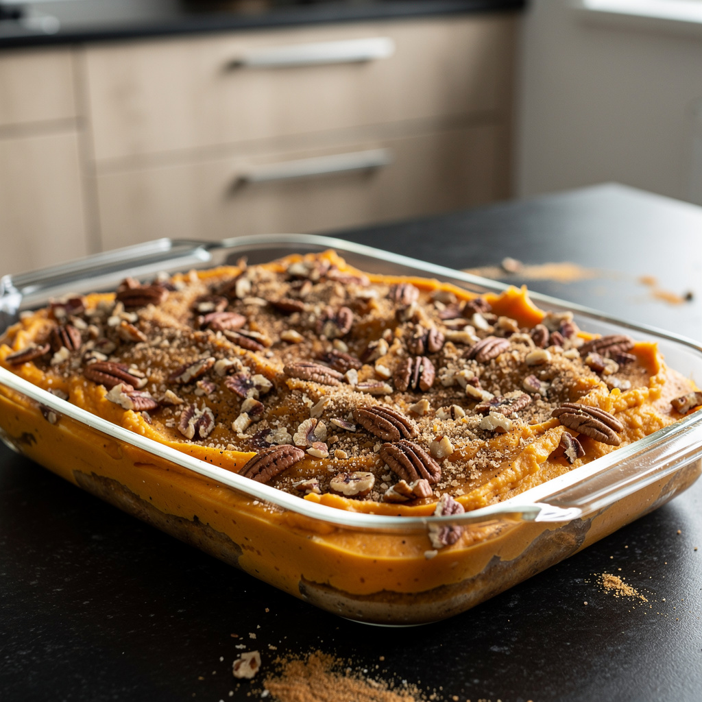 Sweet potato casserole z chrupiącą orzechową kruszonką