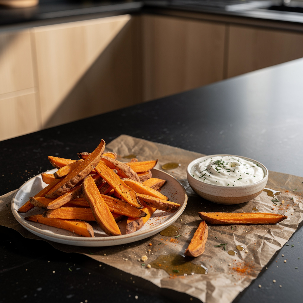 Sweet potato fries – pieczone frytki z batatów z dipem jogurtowym