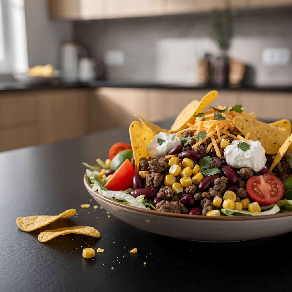 Taco salad z mieloną wołowiną i chrupiącymi nachos