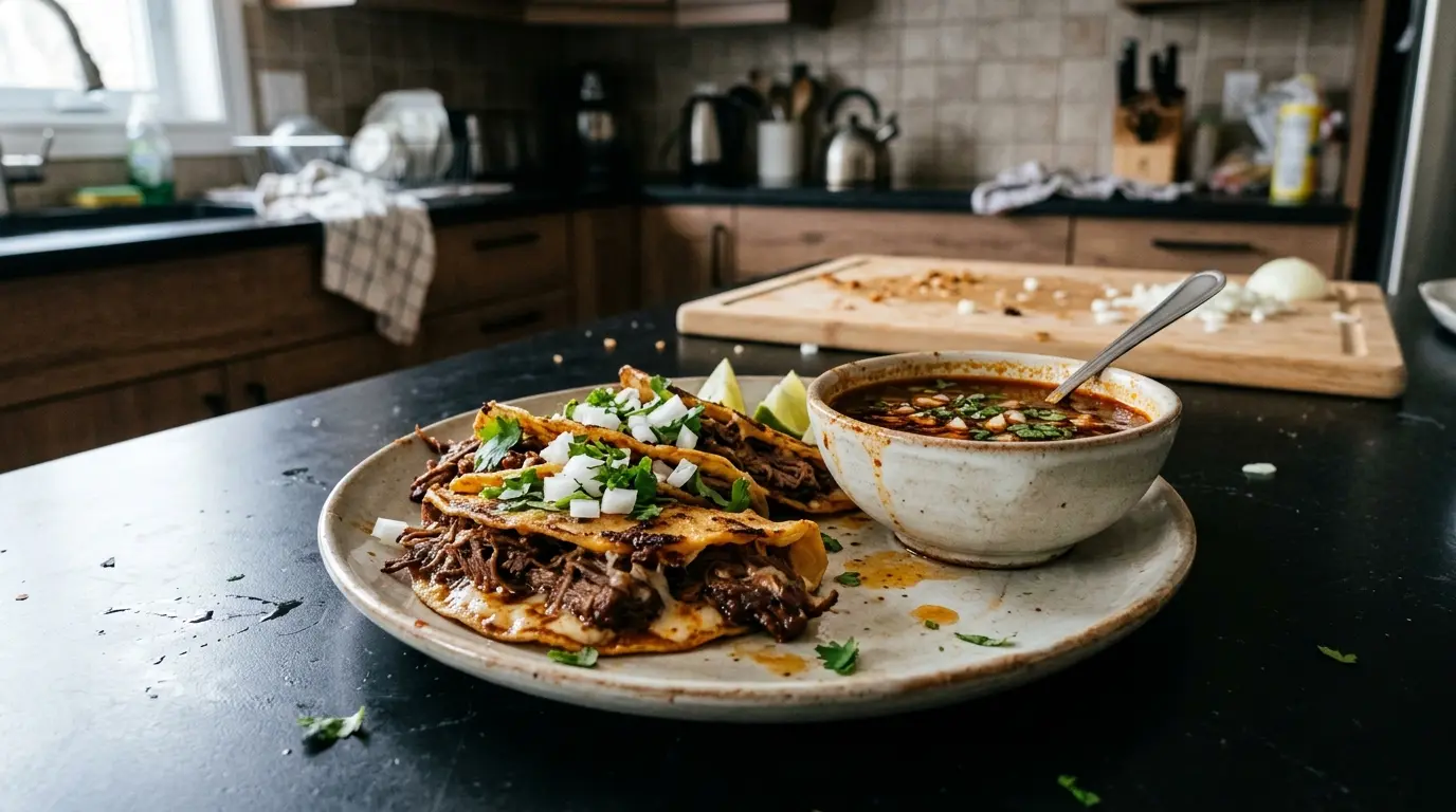 Tacos de birria z wołowiną i rosołem do maczania