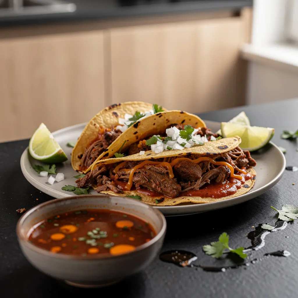 Tacos de birria z wołowiną i rosołem do maczania
