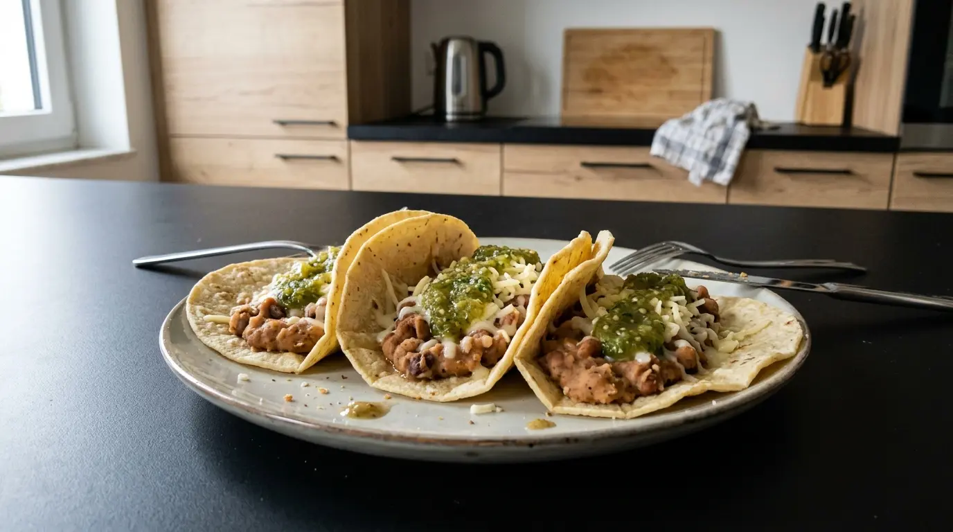 Tacos de frijoles refritos z serem i salsą verde