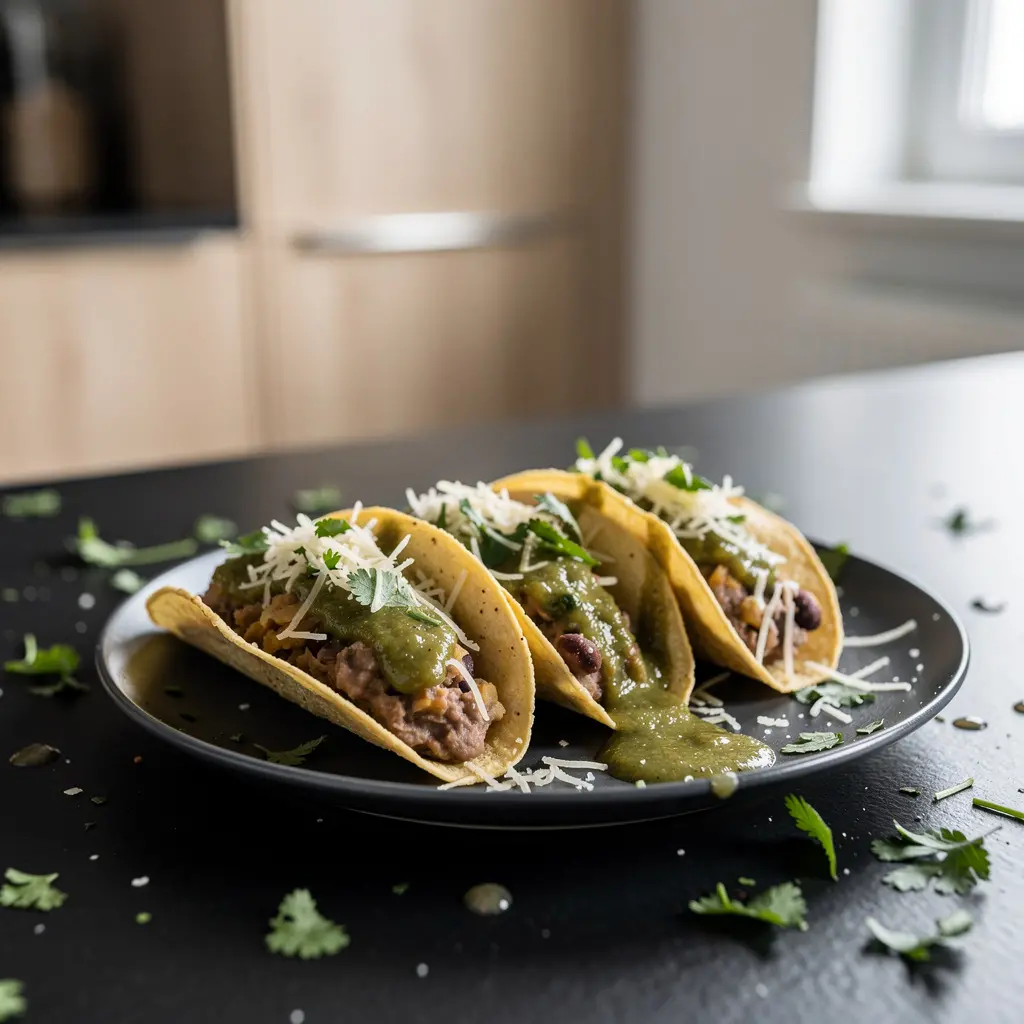 Tacos de frijoles refritos z serem i salsą verde