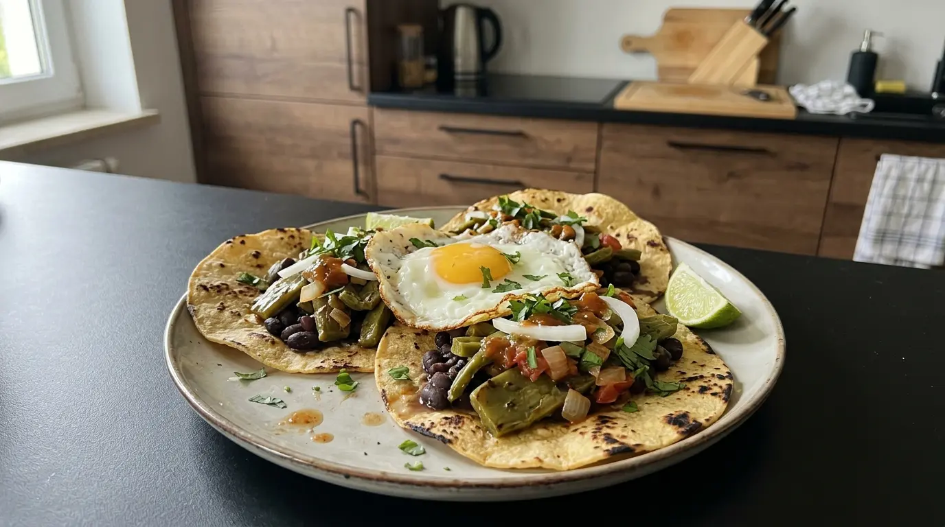 Tacos de nopales with fried egg and beans