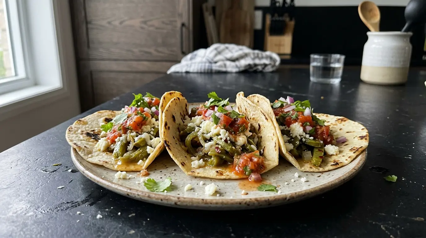 Tacos de nopales with cheese and tomato salsa