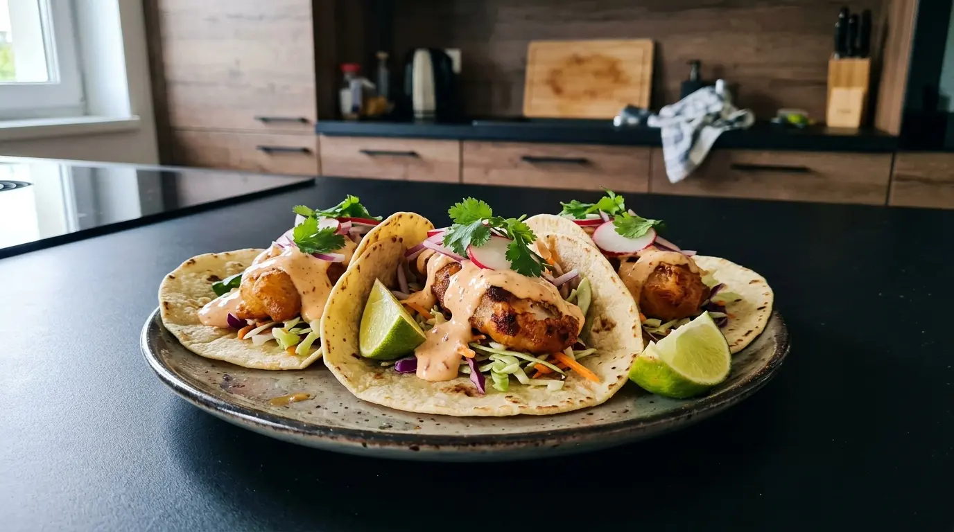 Tacos de pescado estilo Baja with creamy chipotle sauce