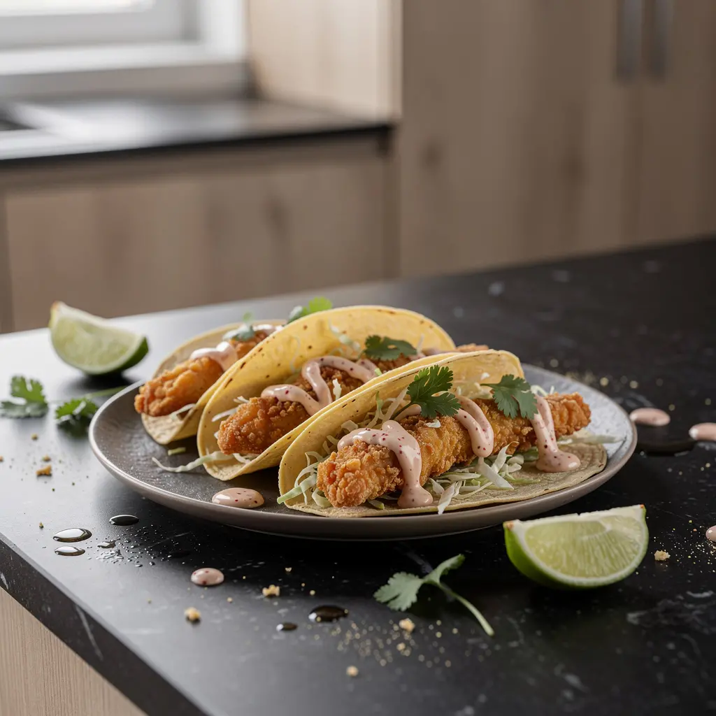 Tacos de pescado estilo Baja with creamy chipotle sauce
