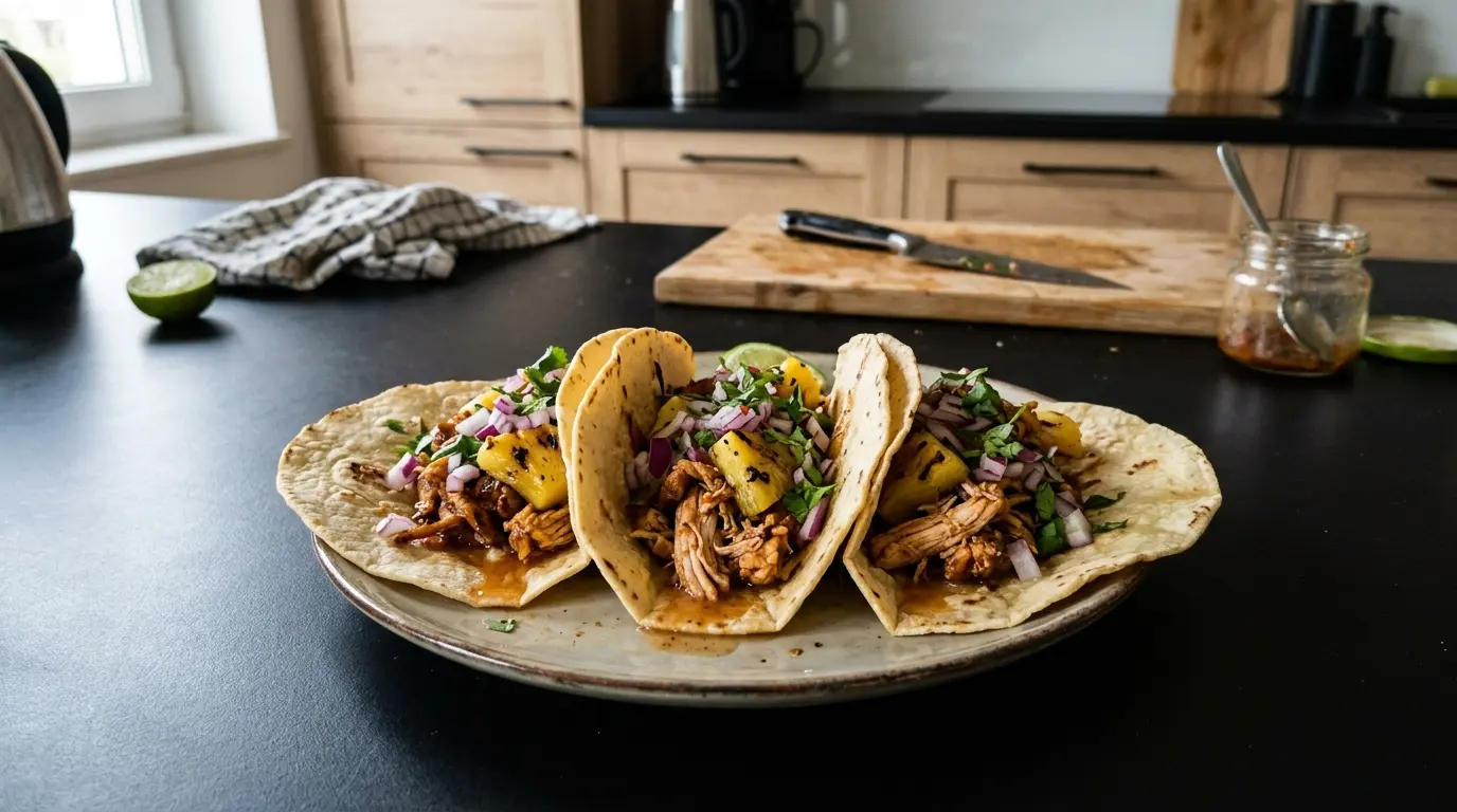 Tacos de pollo con piña i salsą z czerwonej cebuli