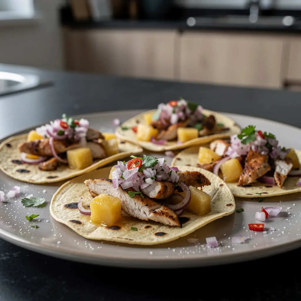 Tacos de pollo con piña i salsą z czerwonej cebuli
