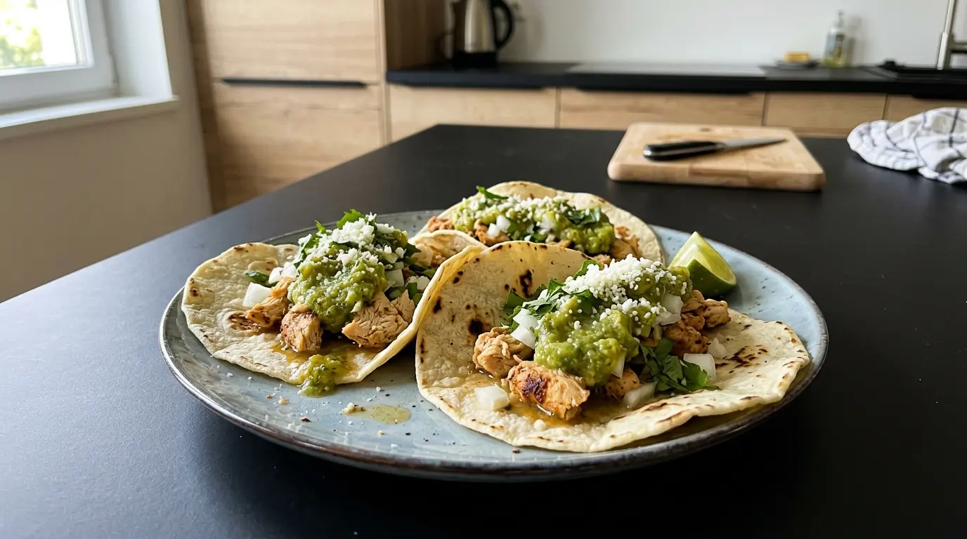 Tacos de pollo con salsa verde de aguacate