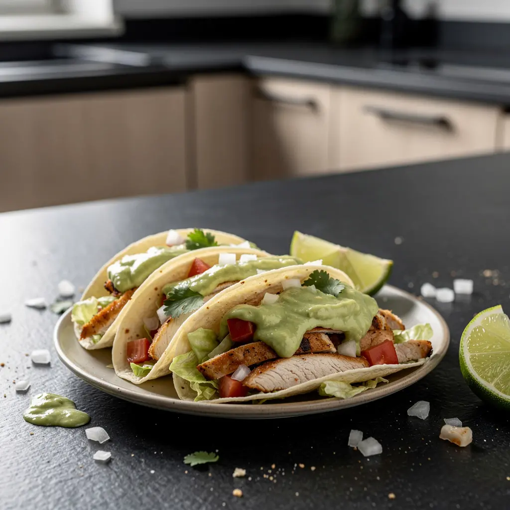 Tacos de pollo con salsa verde de aguacate