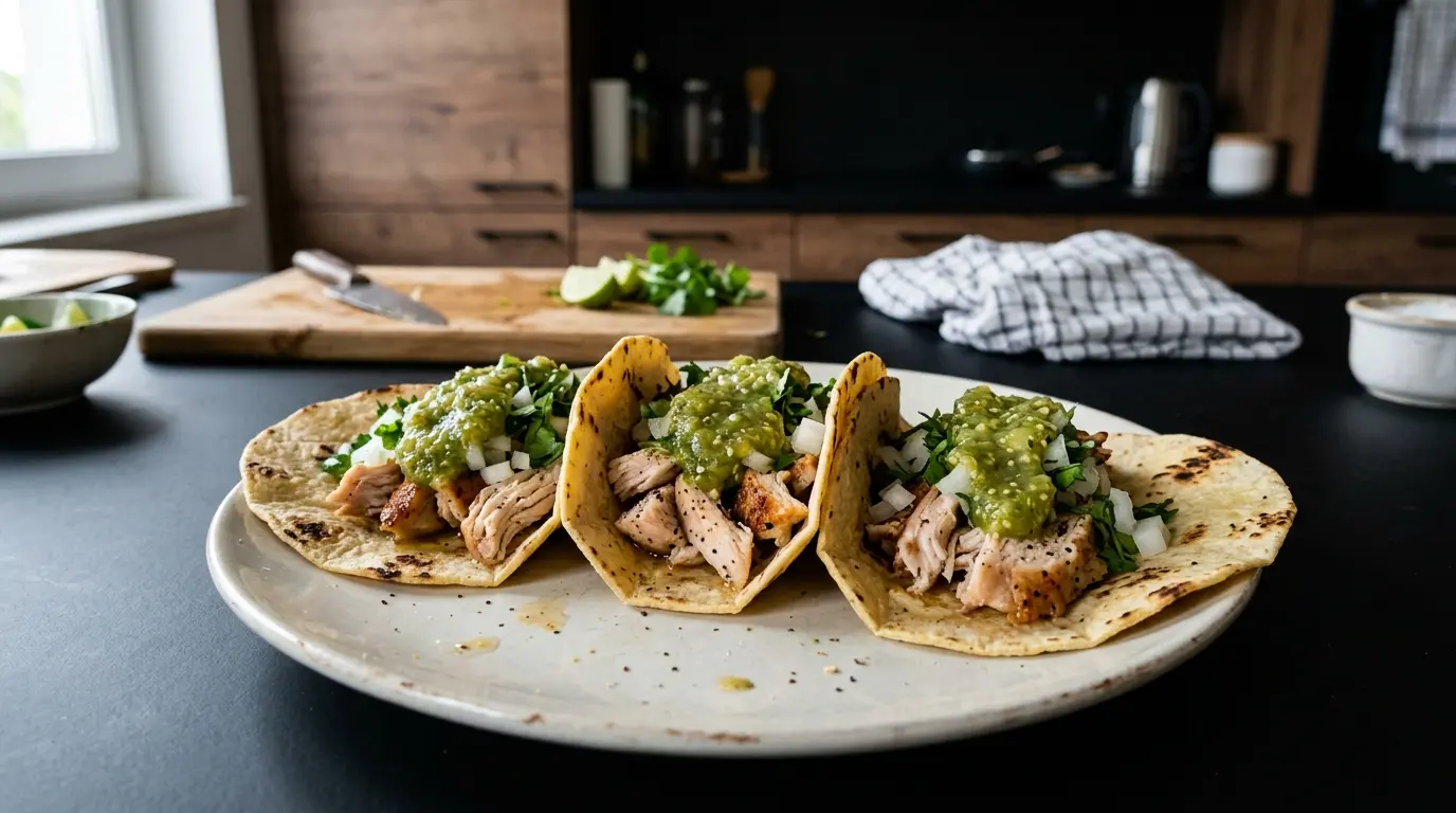 Tacos de pollo con salsa de tomatillo i kolendrą