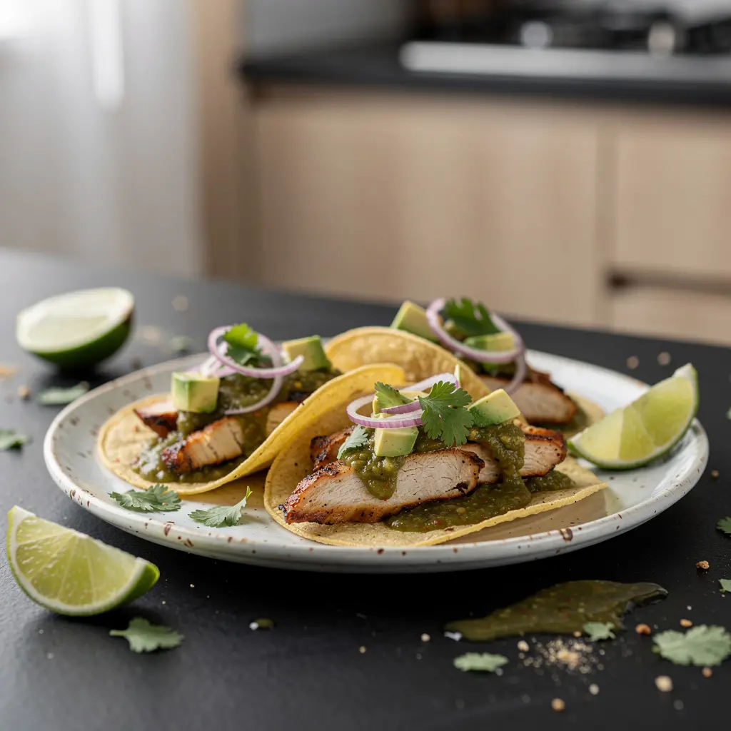 Tacos de pollo con salsa de tomatillo i kolendrą