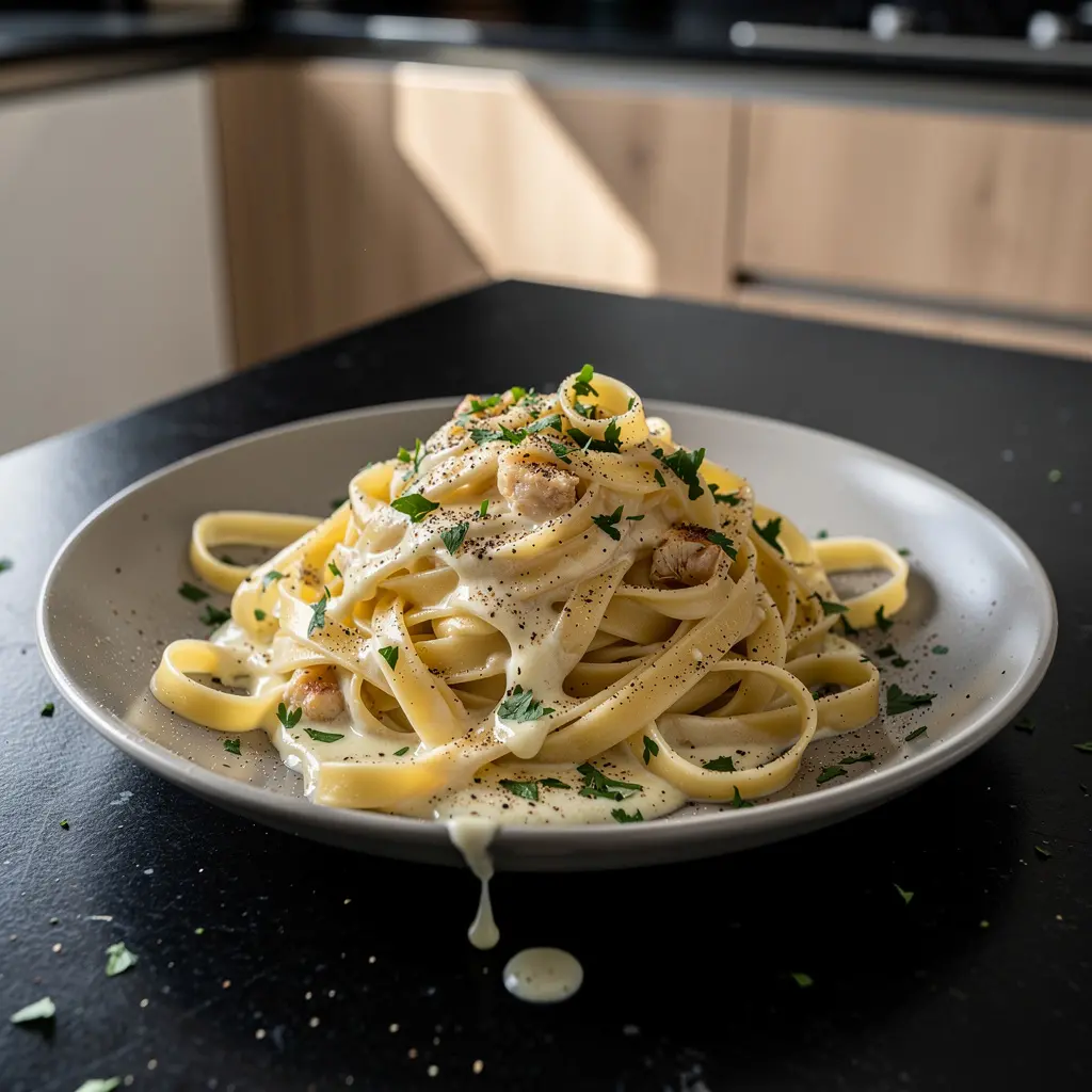 Tagliatelle z kremowym sosem z pieczonego czosnku i parmezanu