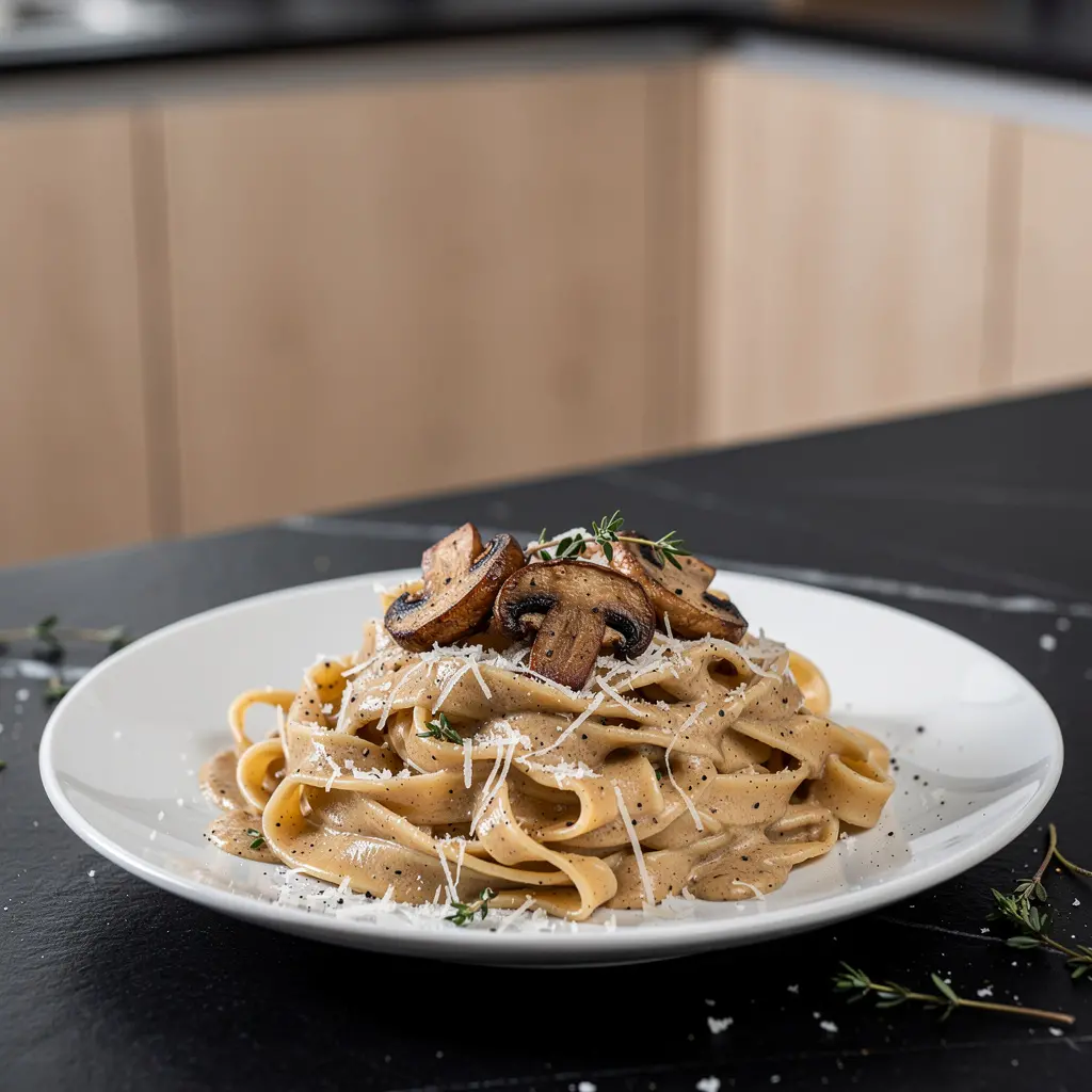Tagliatelle z kremowym sosem z pieczonych pieczarek i tymianku