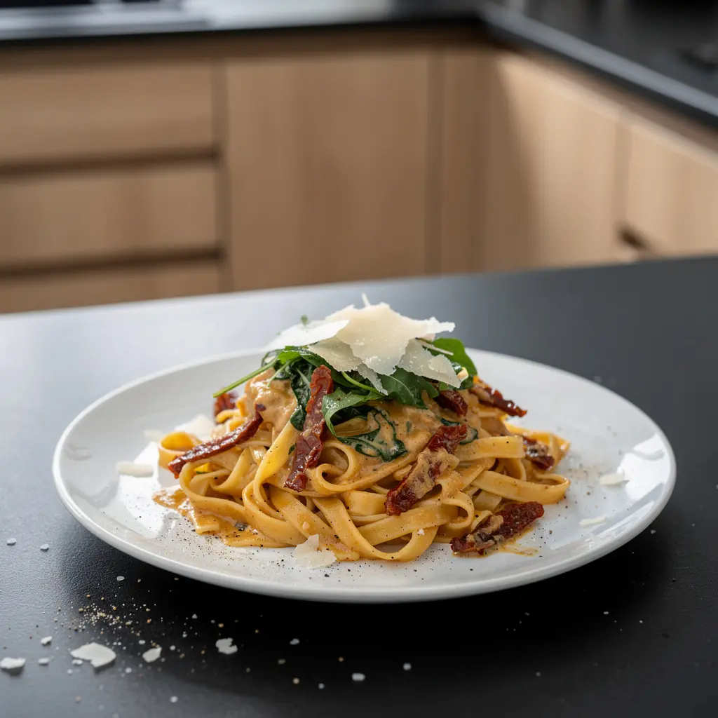 Tagliatelle z sosem z suszonych pomidorów i rukoli