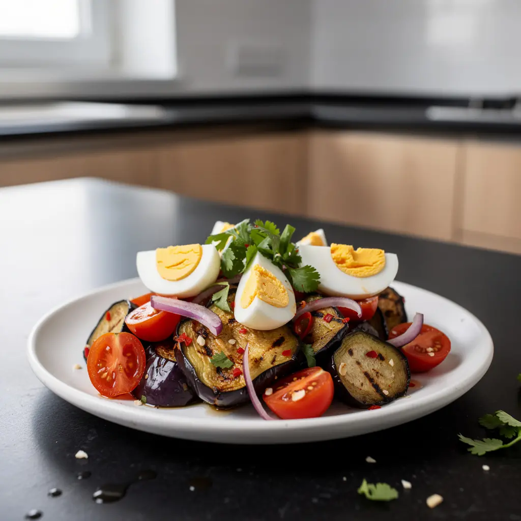Tajska sałatka z grillowanym bakłażanem i jajkiem na twardo
