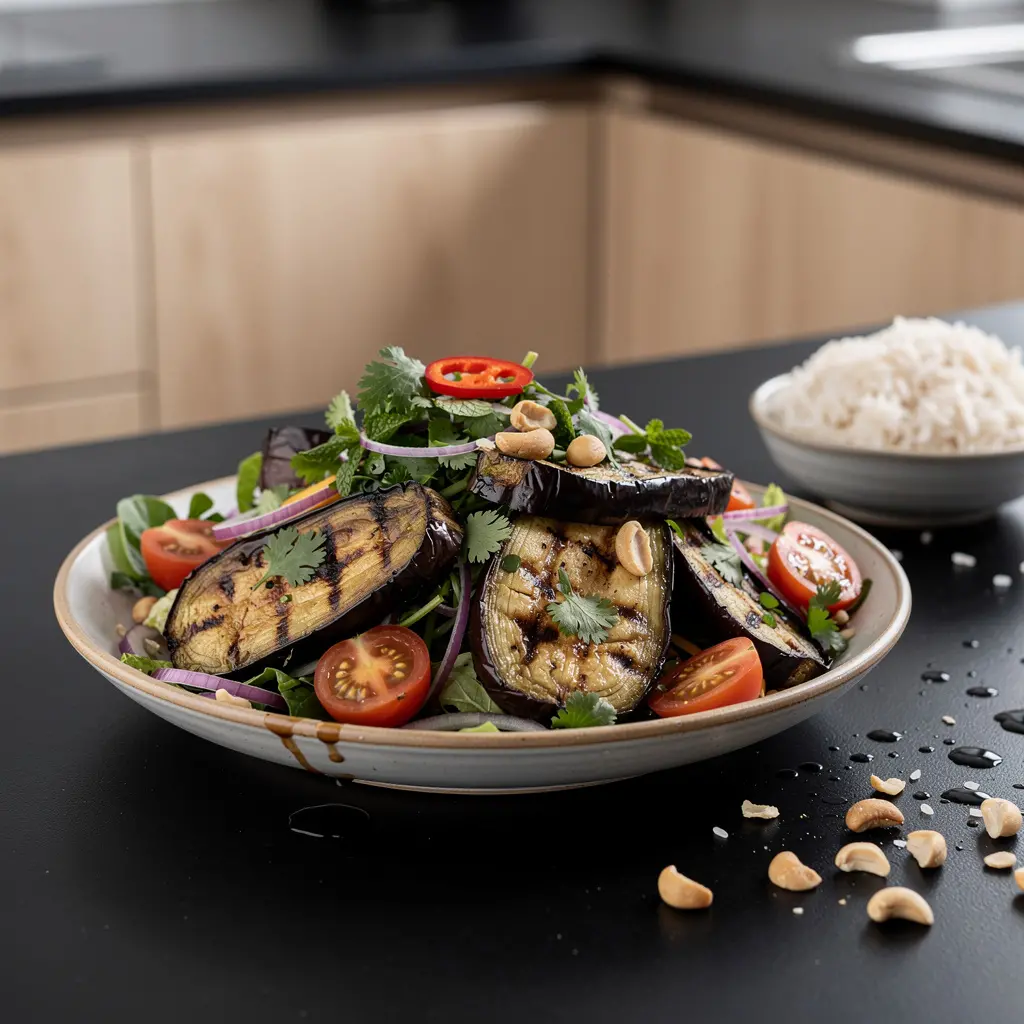Tajska sałatka z grillowanym bakłażanem i ziołami