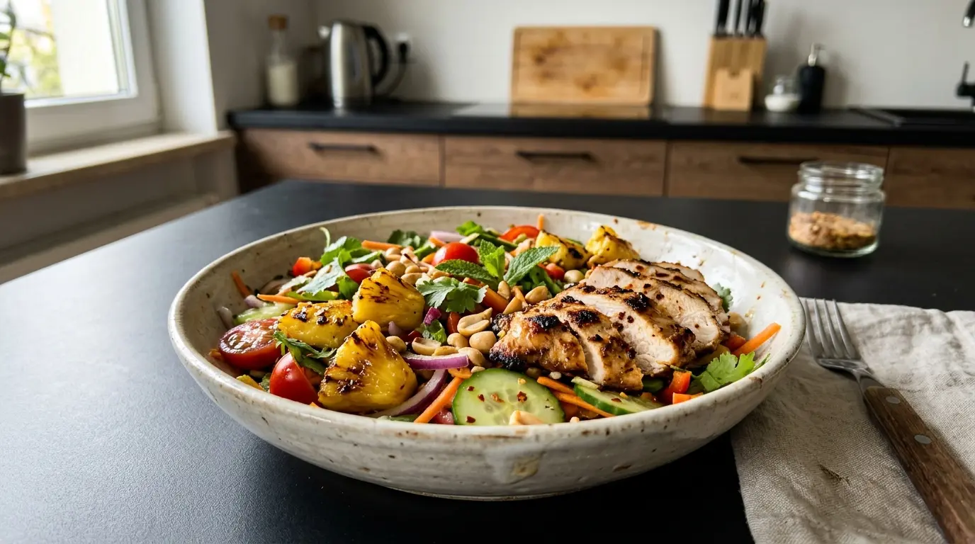 Tajska sałatka z grillowanym kurczakiem i ananasem na ciepło